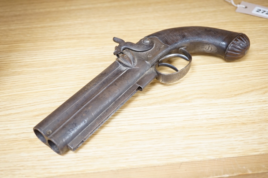 A double barrel over and under 16 bore percussion holster pistol by J. Beattie, barrels 14cm, London proofed, engraved; J. Beattie, Regent Street, London, with foliate engraved boxlock action and finely chequered walnut